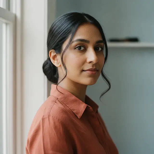 A South Asian woman in her late twenties in a plain rust-terracotta linen shirt, her long dark hair pulled back, turned three-quarters away from the camera with her eyes back to the lens in soft window light, a pale cool-blue wall and the blurred edge of a shelf behind her.
