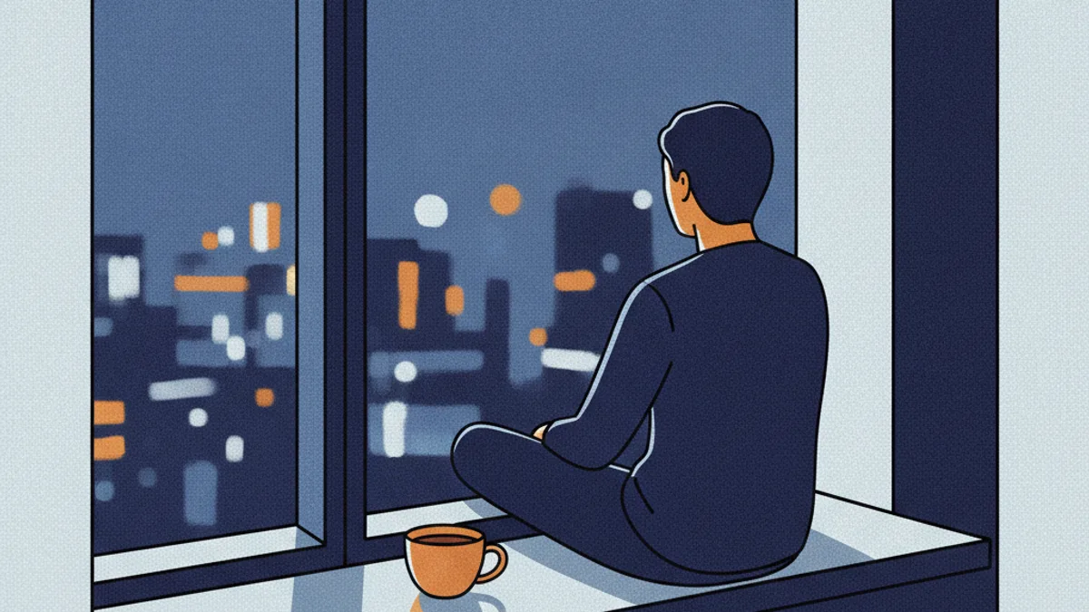 A person sitting alone by a window at dusk, city lights out of focus outside.