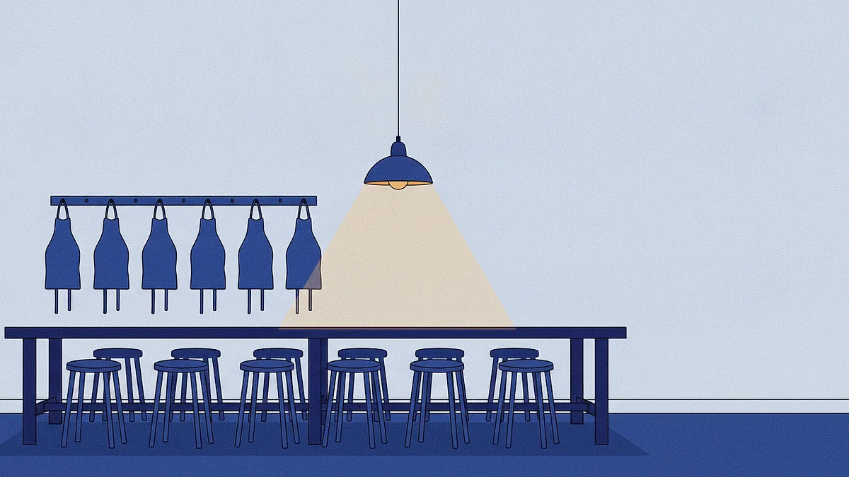 A row of stools along one long empty workbench, aprons hanging on hooks on the wall behind, a single pendant lamp lit above.