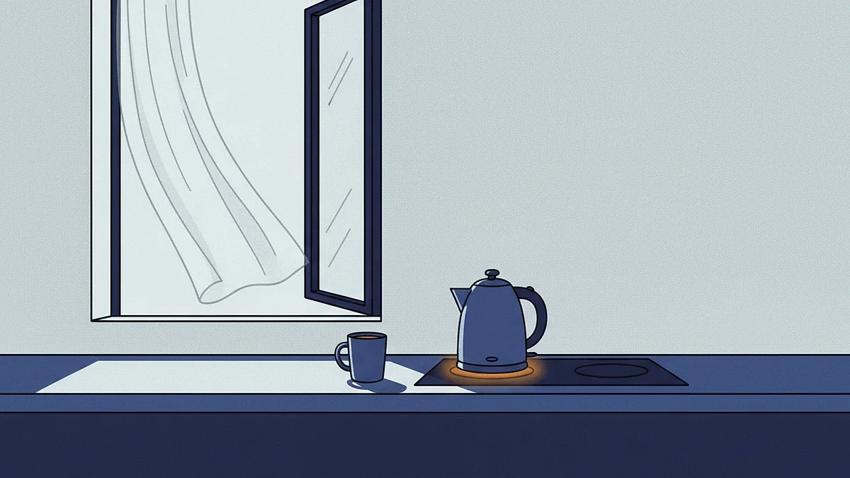A kettle on a stove and a single mug on the counter beside an open window in the morning.