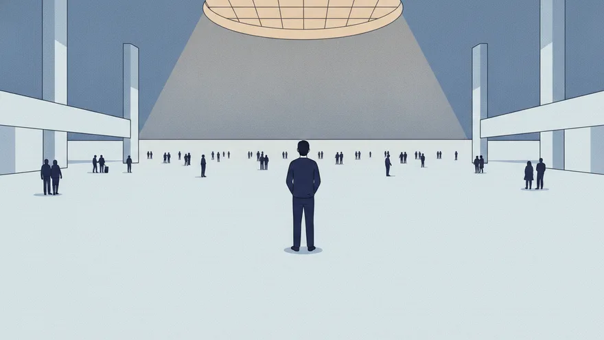 A single figure standing still with their back to us in the middle of a vast, near-empty concourse, dozens of much smaller figures spread across the far end of the floor under one lit skylight.